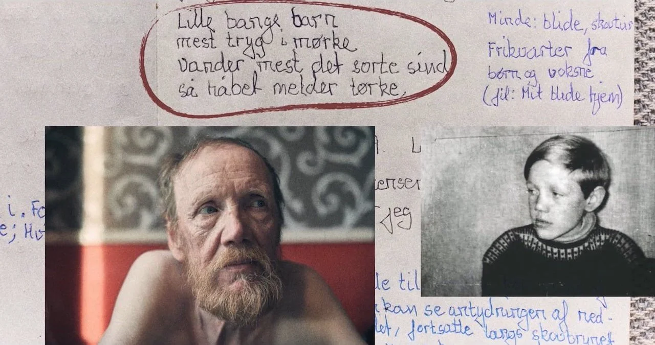 Et collage med en tekst, et sort/hvidt billede af en dreng, og et farvet billede af en voksen mand med skæg | Dokumentarfilm | Retrograd | Esben Persson & Anders Mielcke | Filmproduktion Aarhus | GESTALT