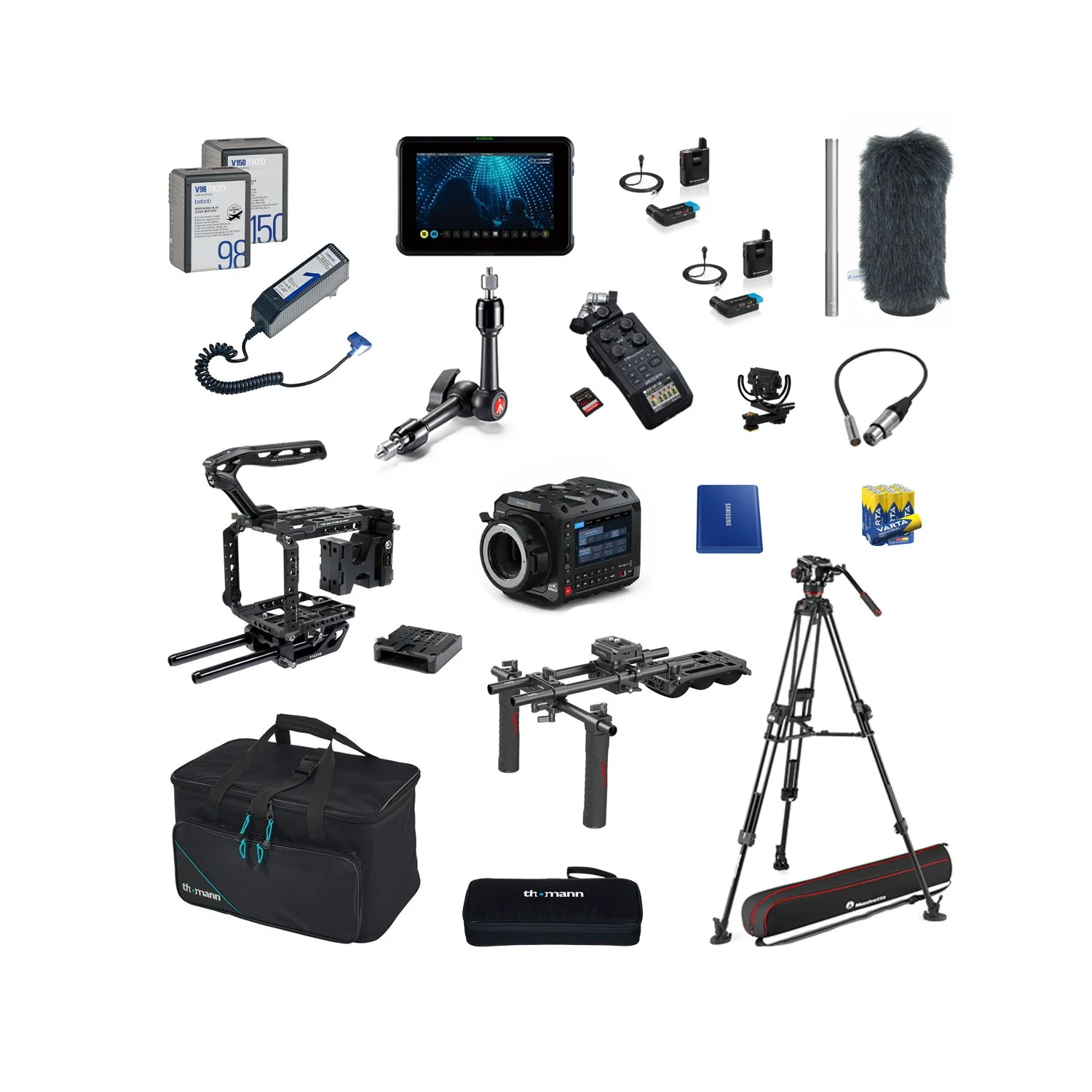 Fotoudstyr, herunder kamera, stativer, mikrofon, lydbånd, batterier, monitor, og tilbehør til filmscener.