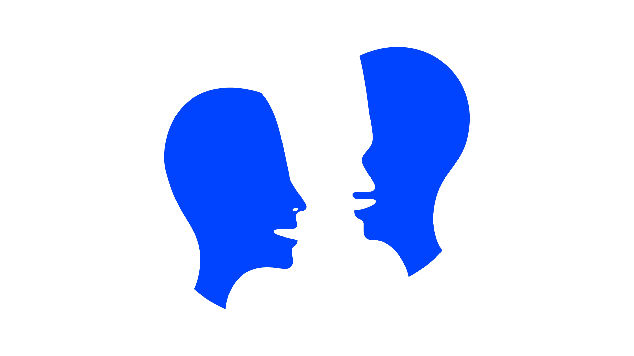 To blå silhuetter af ansigter, der ser på hinanden, med munden åben, som om de taler.