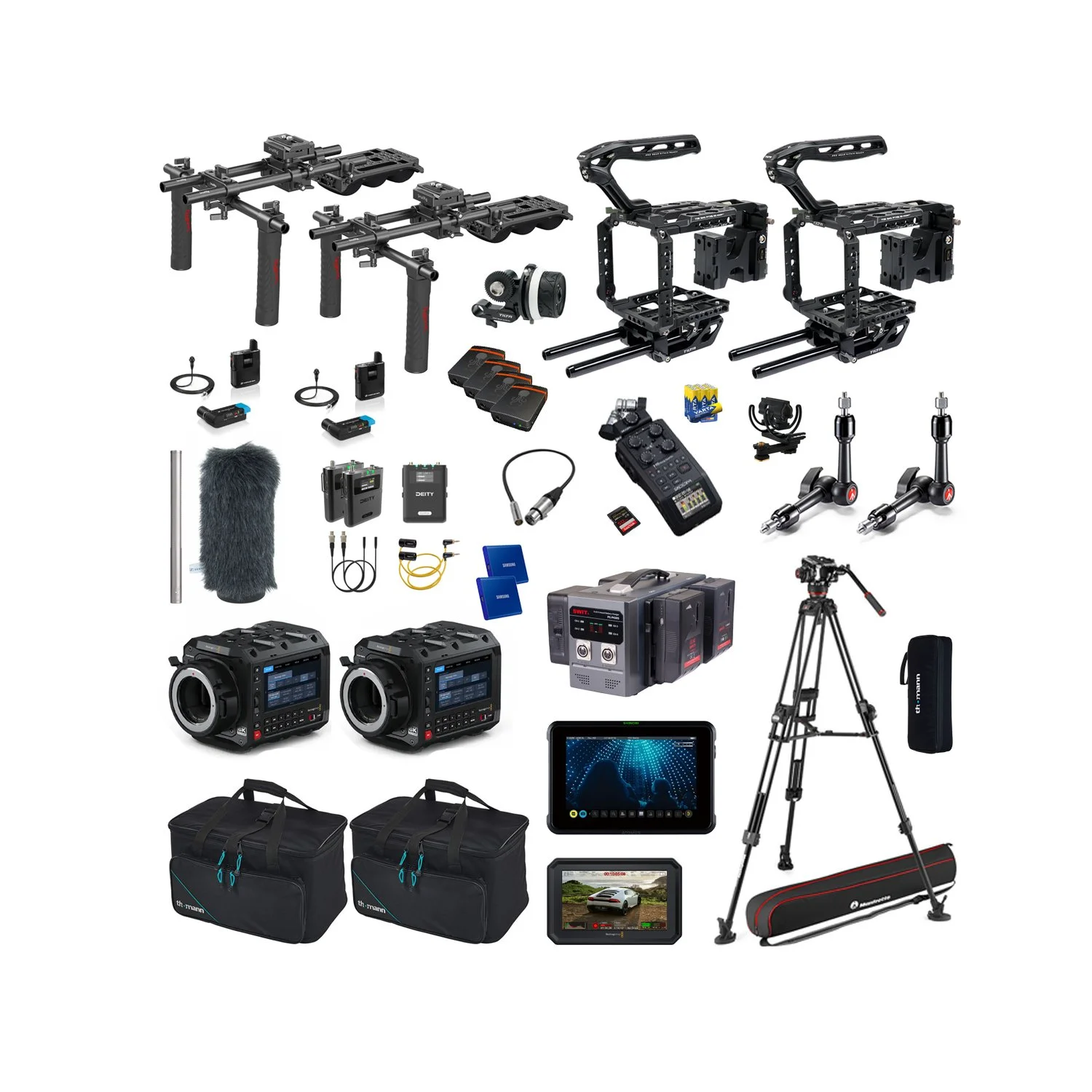 En samling professionelt film- og fotoudstyr med kamerastativer, stabile, mikrofoner, skærme, batterier, kameraer, tråde, bagsider og tilbehør.