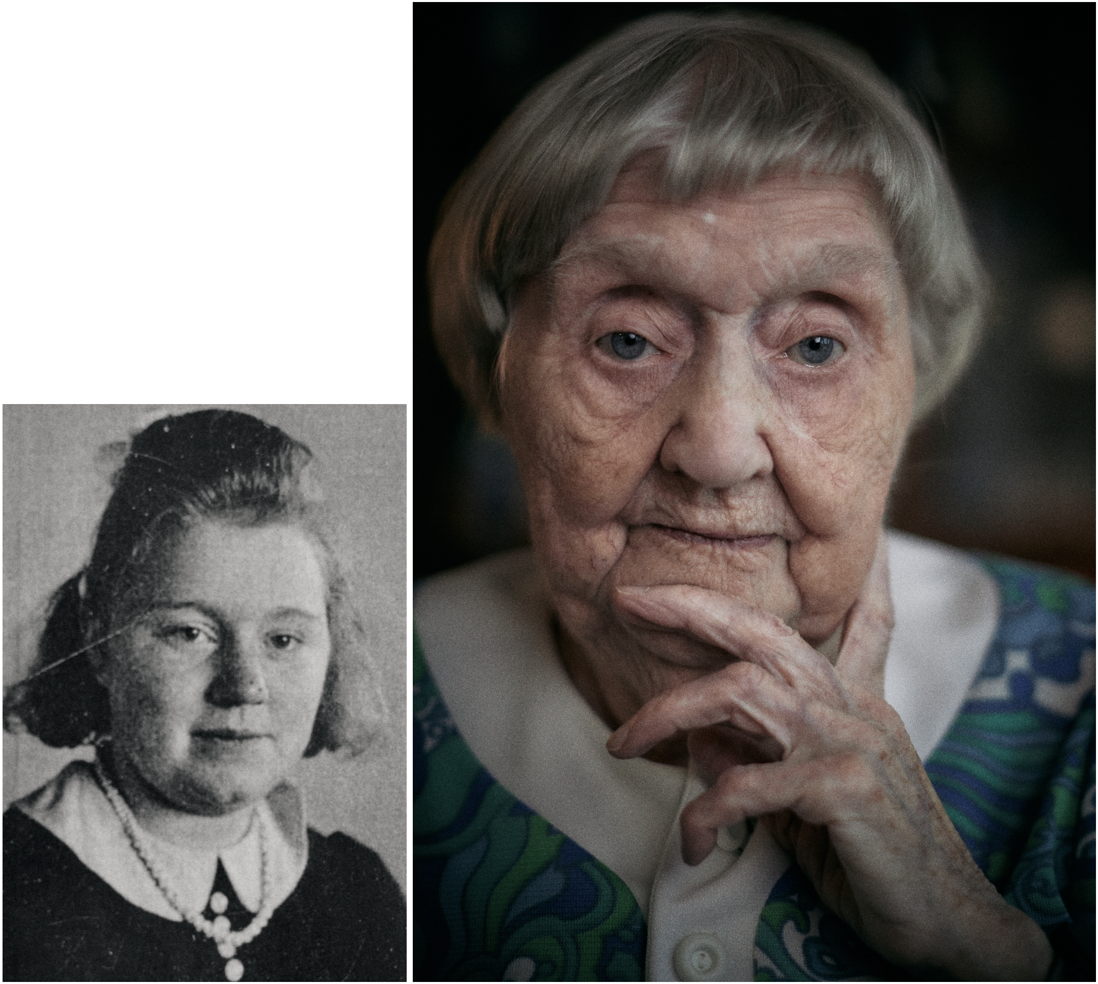 To billeder af den samme kvinde, en sort-hvidt ungdomsbillede til venstre og en skildring af hende som ældre til højre | Dokumentarfilm | Stemmer fra sær- og åndssvageforsorgen | Anders Mielcke Grønbæk | GESTALT