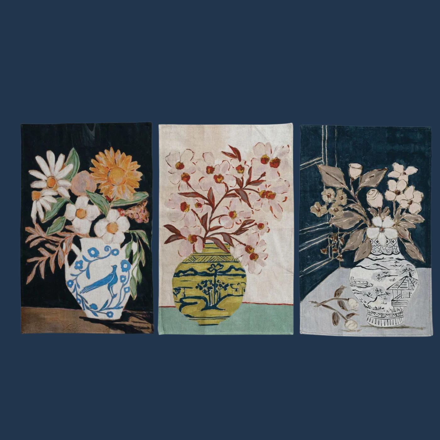 Cotton & Linen Printed Tea Towel w/ Flowers in Vase
