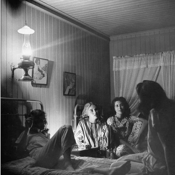Daydreaming of designing a house sans drywall ✨ Love the tongue and grove board on the walls and ceiling in this photo by #NinaLeen, c. 1945.