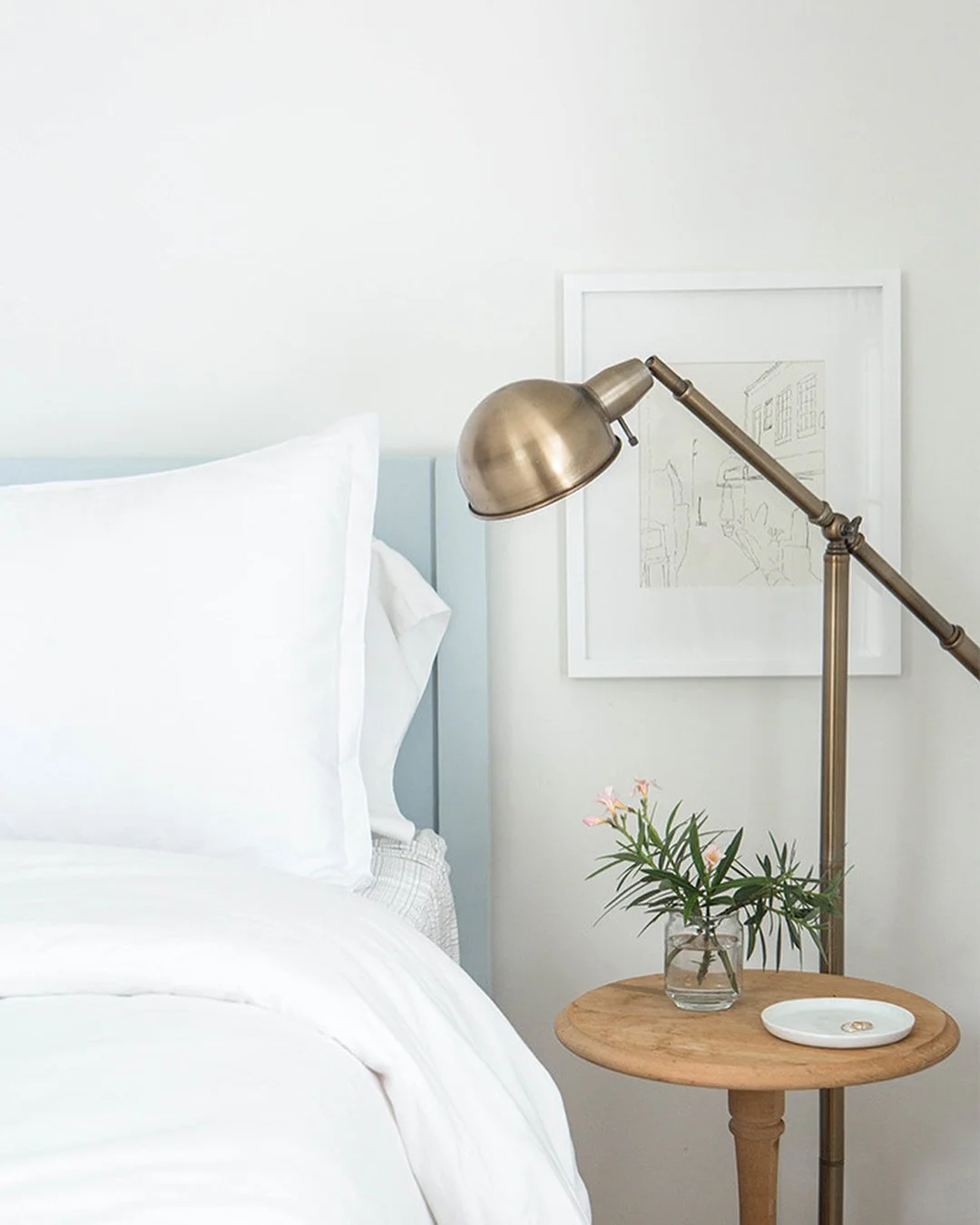 The guest bedroom of our #lyndalerestoration project. I custom designed the bed, and custom mixed its color to get the perfect shade of blue. As always, swipe for the before :)