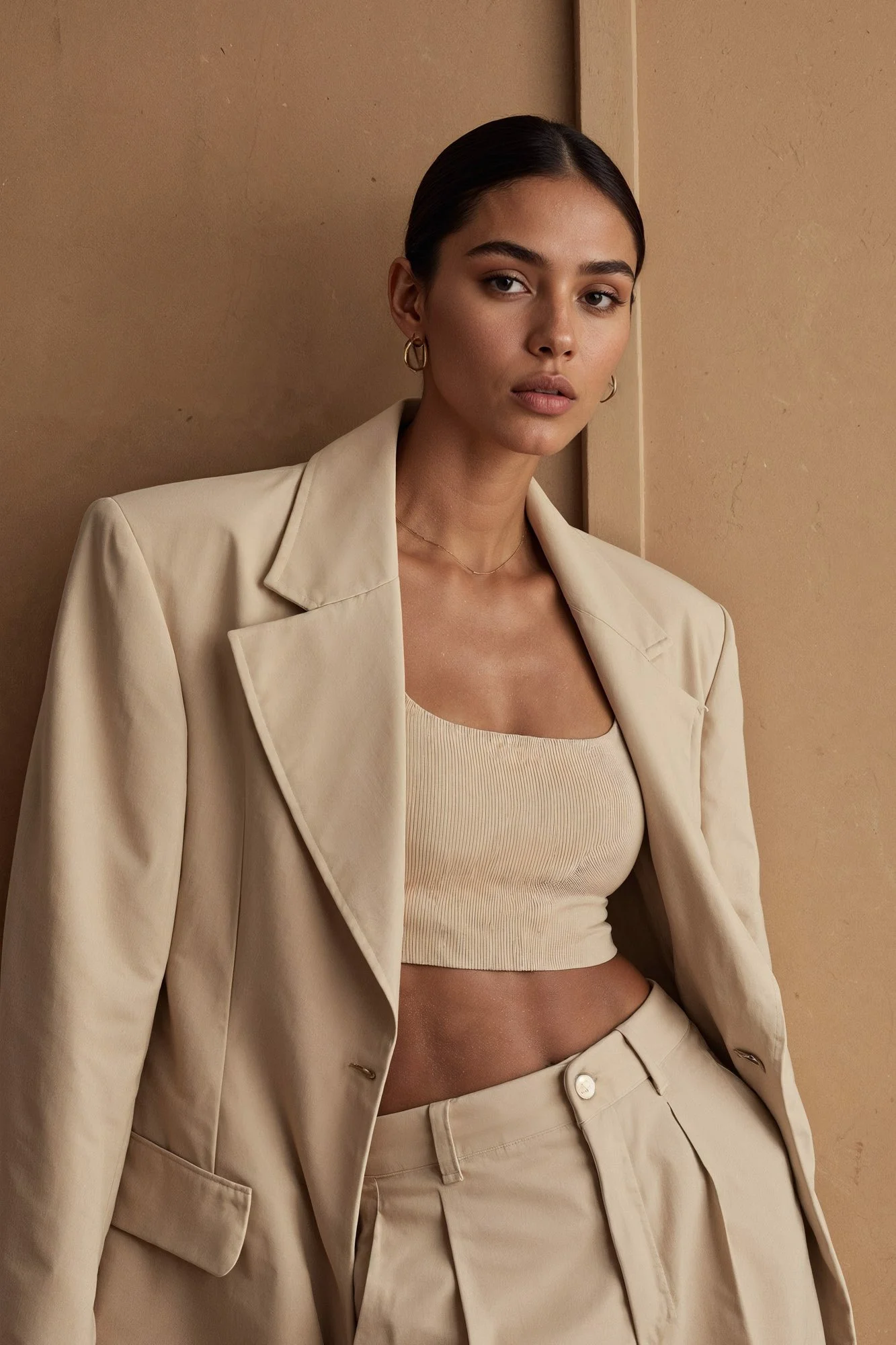 A woman with dark hair pulled back, wearing a beige oversized blazer, a matching crop top, and high-waisted beige trousers, standing against a beige wall.