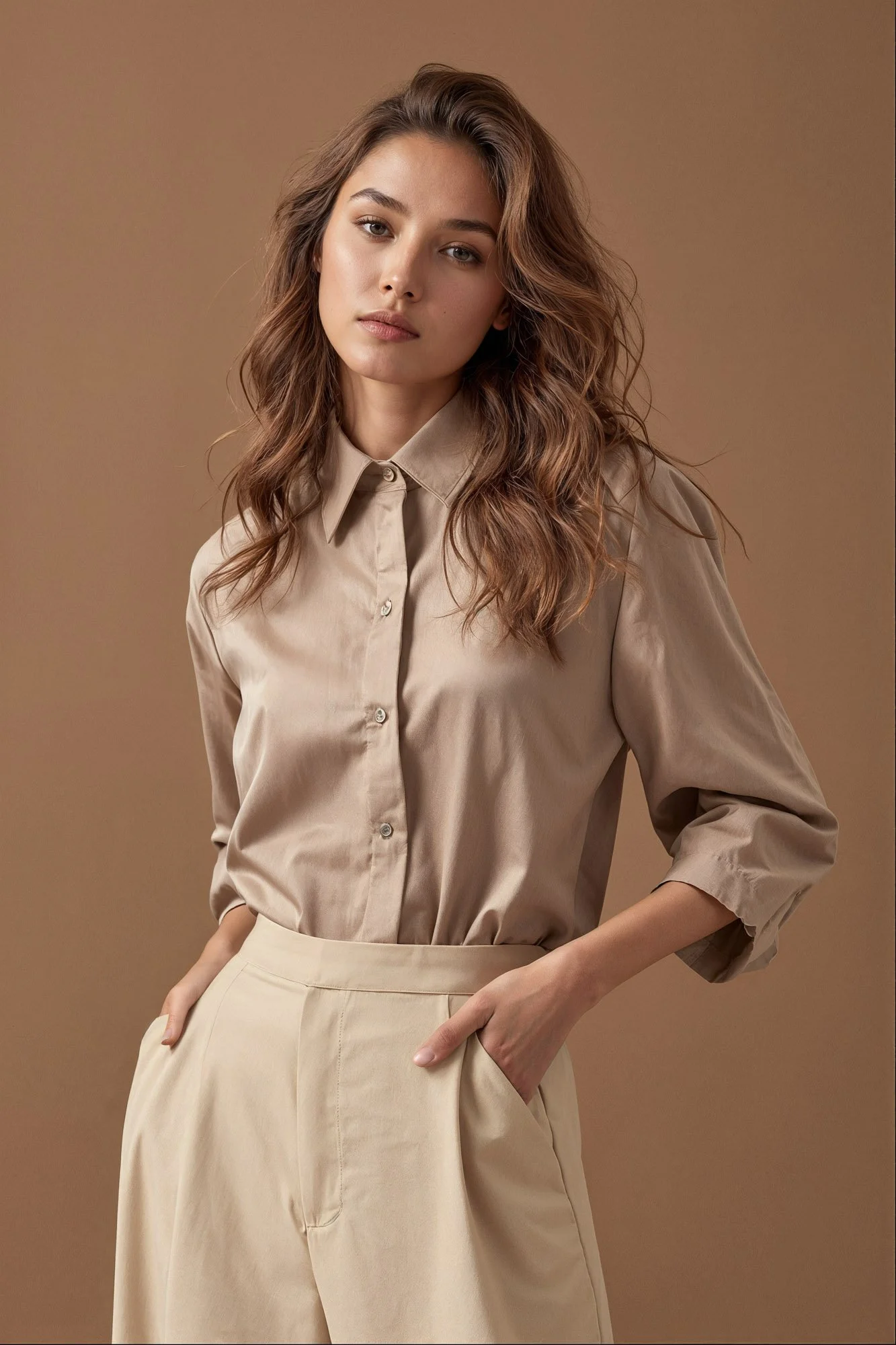 A young woman with wavy brown hair wearing a beige button-up shirt and matching beige high-waisted pants against a plain beige background.