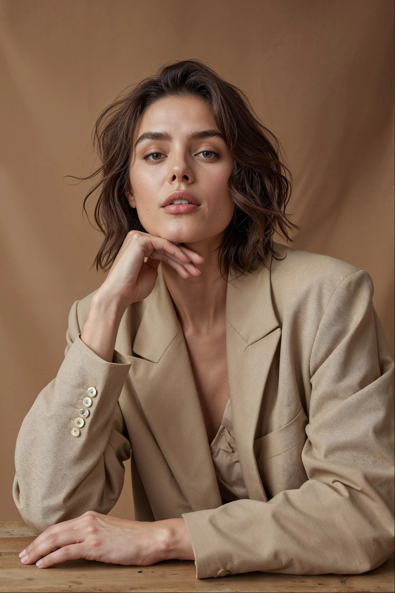 A woman with wavy brown hair and neutral makeup, wearing a beige blazer with pearl buttons, resting her chin on her hand, against a plain beige background.