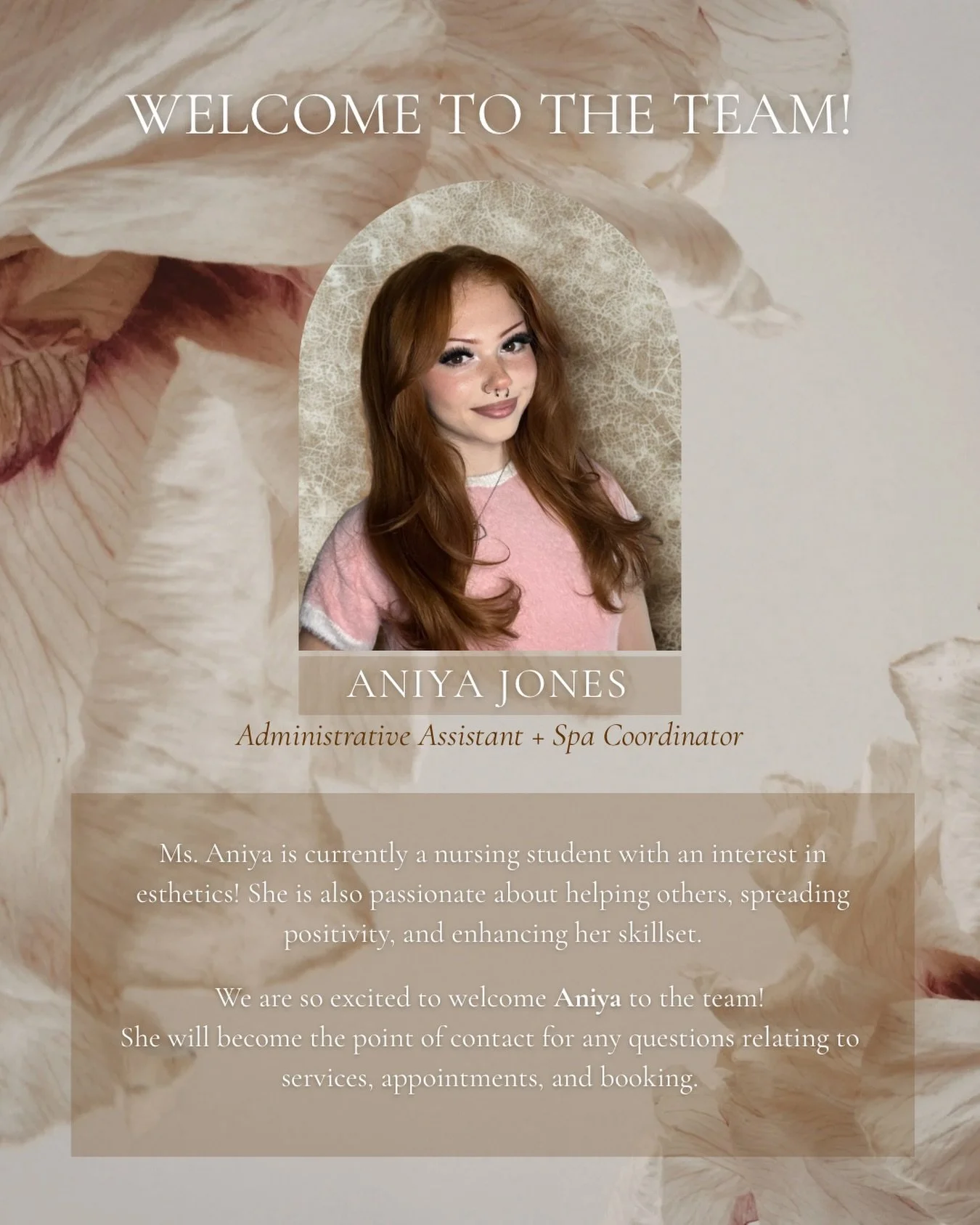 Let&rsquo;s welcome Ms. Aniya to the team! Now the team is complete!
Ms. Aniya will become your new point of contact via phone and email. She will handle all inquiries, bookings and appointment changes! You&rsquo;ll see her from time to time in the s