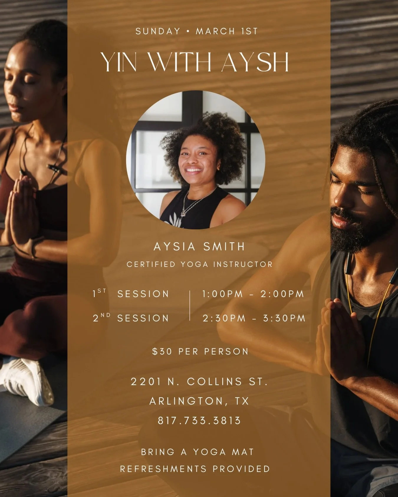 POP-UP YOGA CLASS at the spa! 🧘🏾&zwj;♀️

Instructor: Aysia Smith | @aysh.n.yin 
Date: Sunday, March 1st
Session length : 60 mins
Price: $30 per session
Bring a mat and water bottle. Wear comfortable clothing. Blocks, towels and refreshments will be