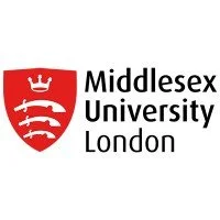 Middlesex University London logo with red shield featuring a crown and three wavy lines.