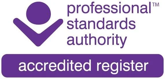 Logo of Professional Standards Authority with a purple checkmark symbol and text indicating 'accredited register.'