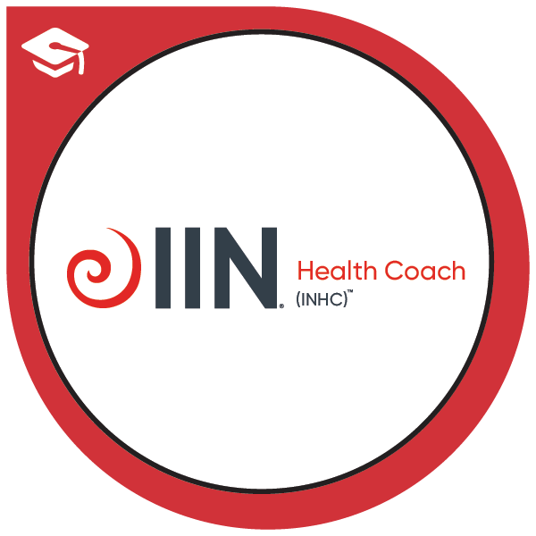 Logo for INHC, a health coach organization, featuring a red spiral and black and red text inside a white circle with a red border.