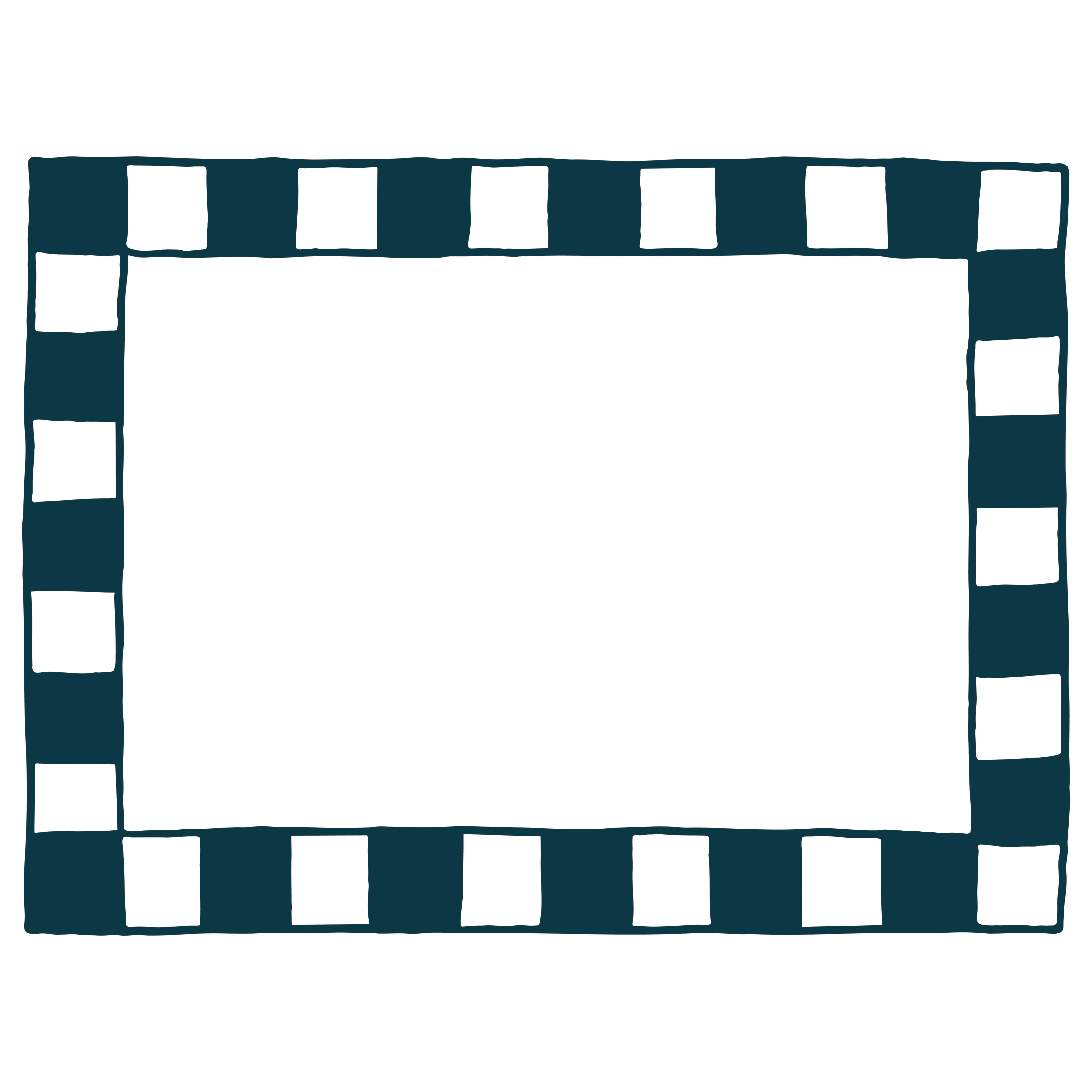 A black rectangular photo frame with a dark teal border decorated with black squares, set against a black background.