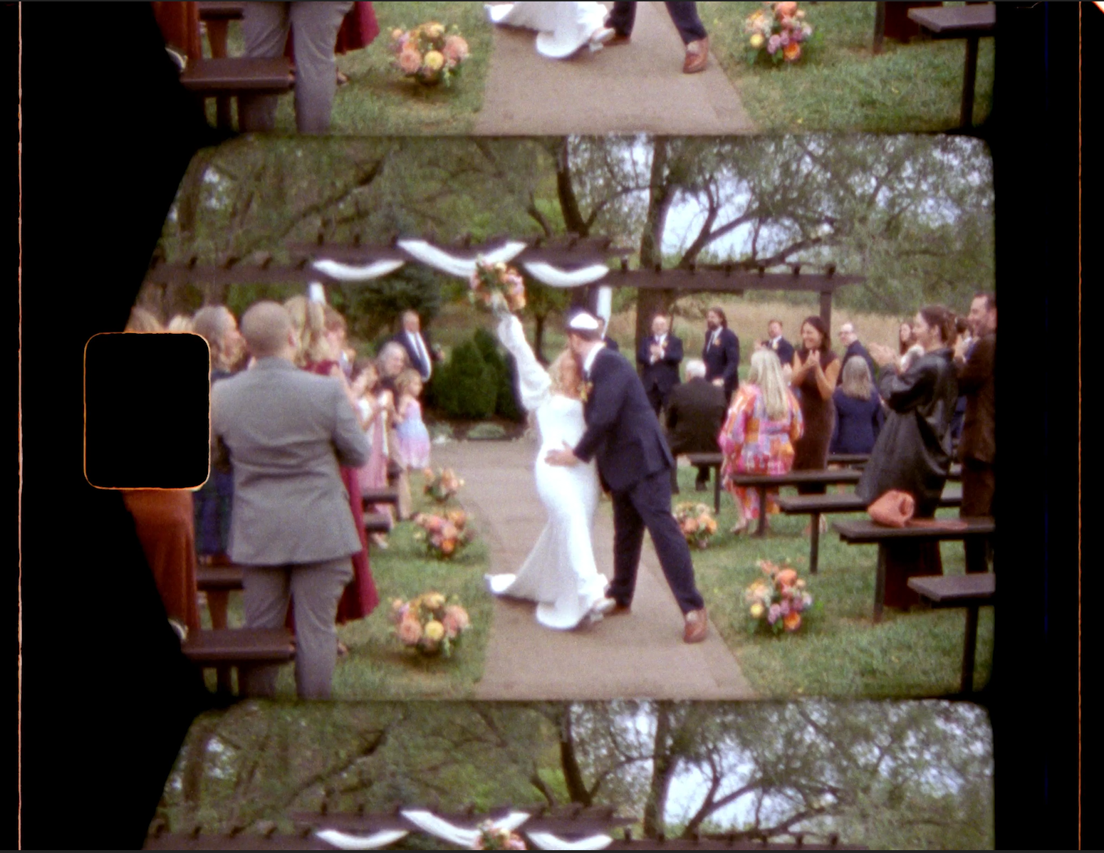 Colorful film strip with images of outdoor wedding ceremony with a bride and groom, guests, colorful flowers, and trees.