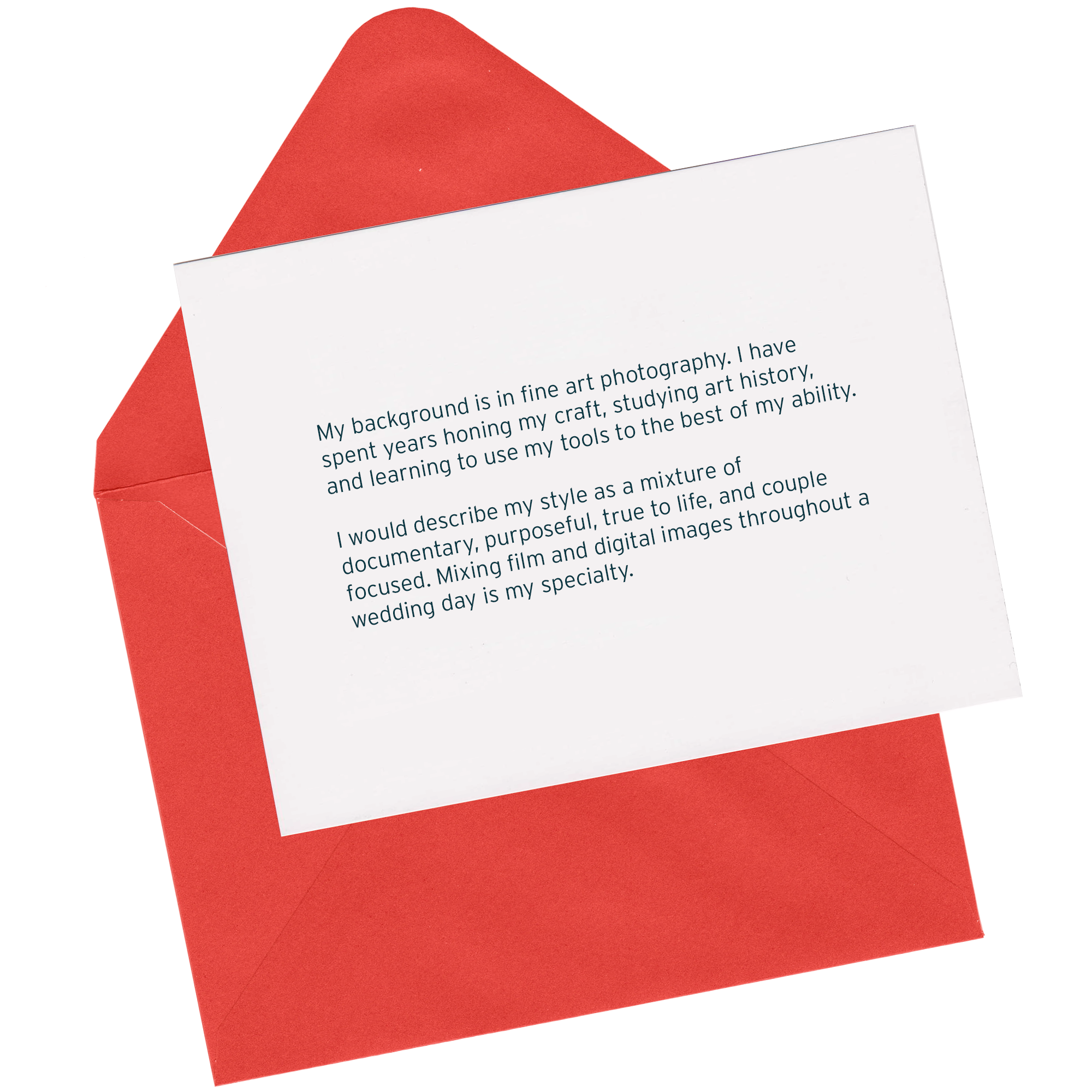 A white card with typed text resting on a red envelope.