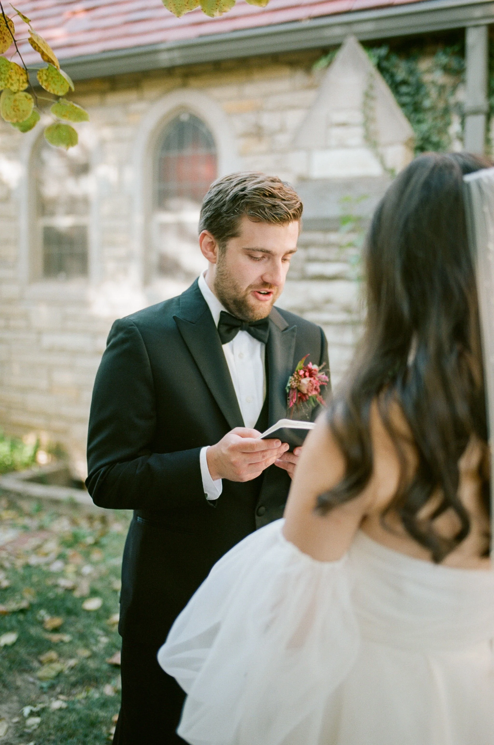 Couple sharing their vows at pilgrim chapel.