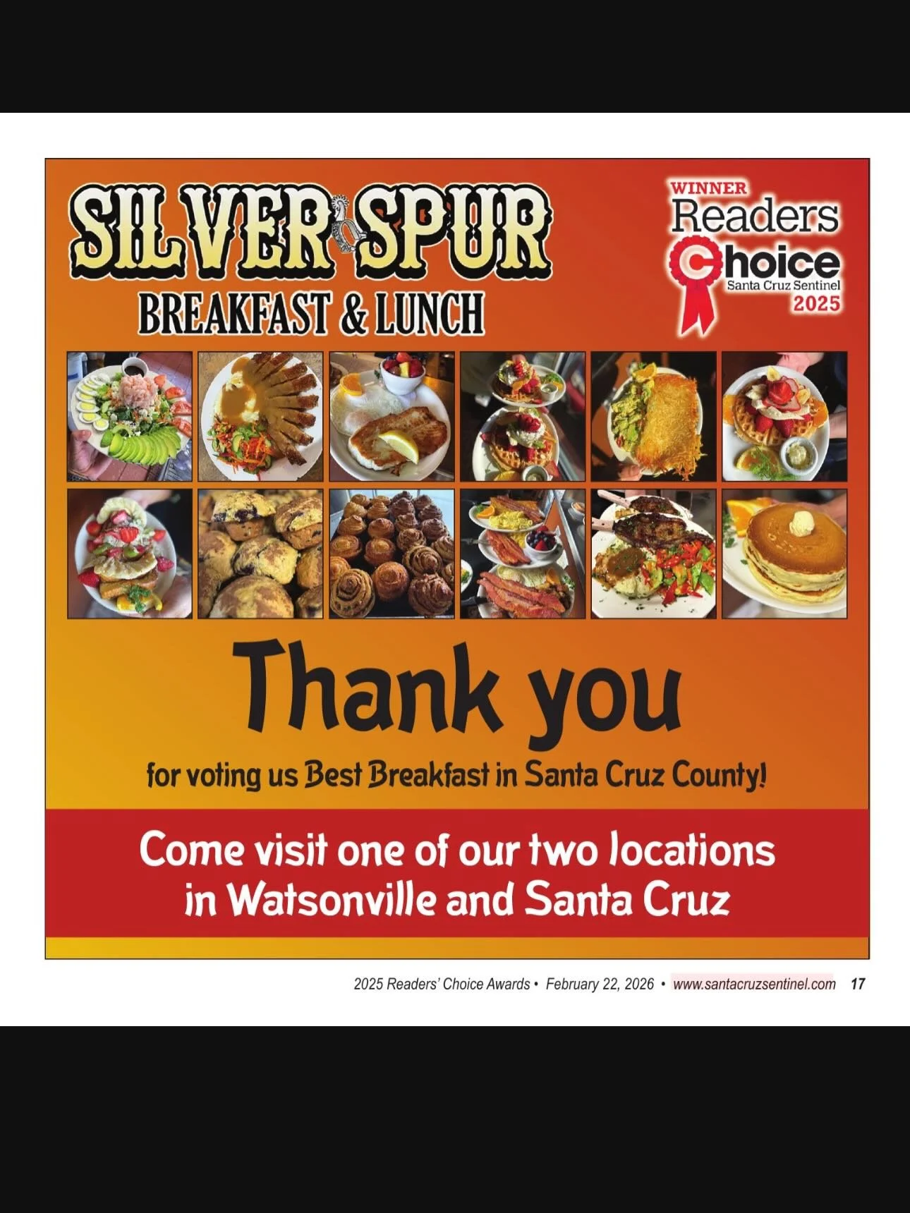 Thank you to everyone who voted Silver Spur as #1 breakfast in Santa Cruz county. We truly appreciate each and every one of you. The Silver Spur family are very thankful and blessed to have been awarded #1. We couldn&rsquo;t have done this without al