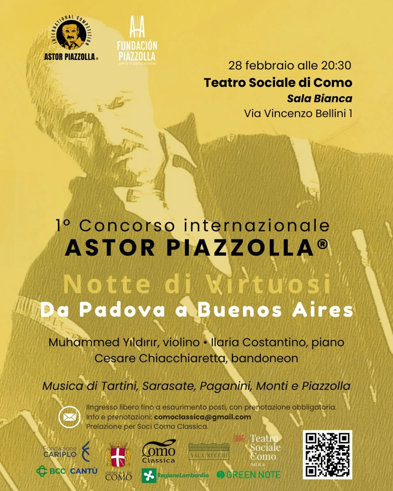 ✨ Notte di Virtuosi: da Padova a Buenos Aires 

February 28 &mdash; a musical journey from Italy to Argentina. 🇮🇹 ➡️ 🇦🇷

With:
🎻 Muhammed Yıldırır @muhammedyildirir 
🎹 Ilaria Costantino 
🪗 Cesare Chiacchiaretta

A night of music that travels a