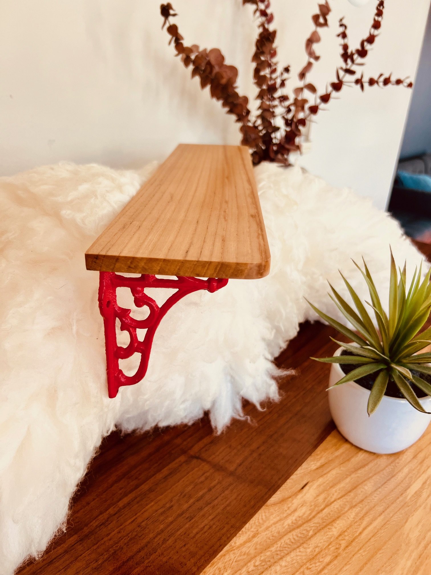 Cherry Wood Wrought Iron Wall Shelf