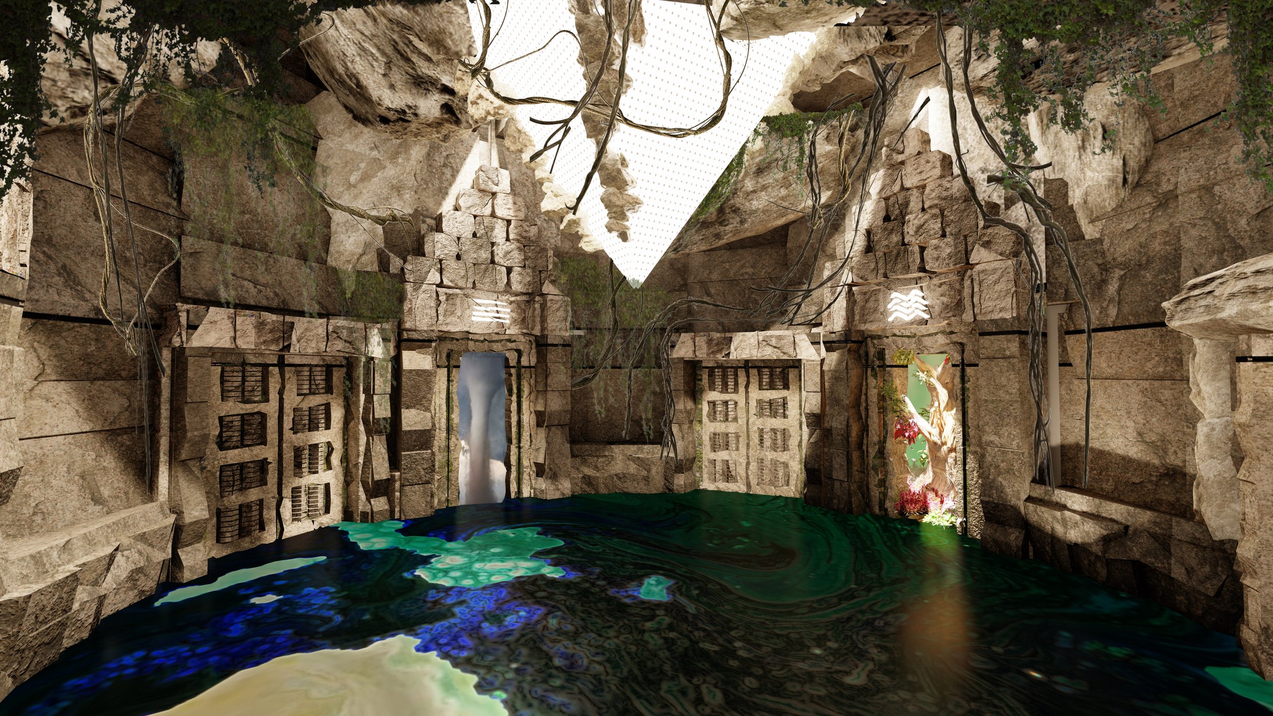 Digital rendering of an ancient stone structure with multiple arched doorways, a small waterfall, and water flooding the floor. Vines and greenery grow over the stones, and sunlight filters through a large opening at the ceiling.