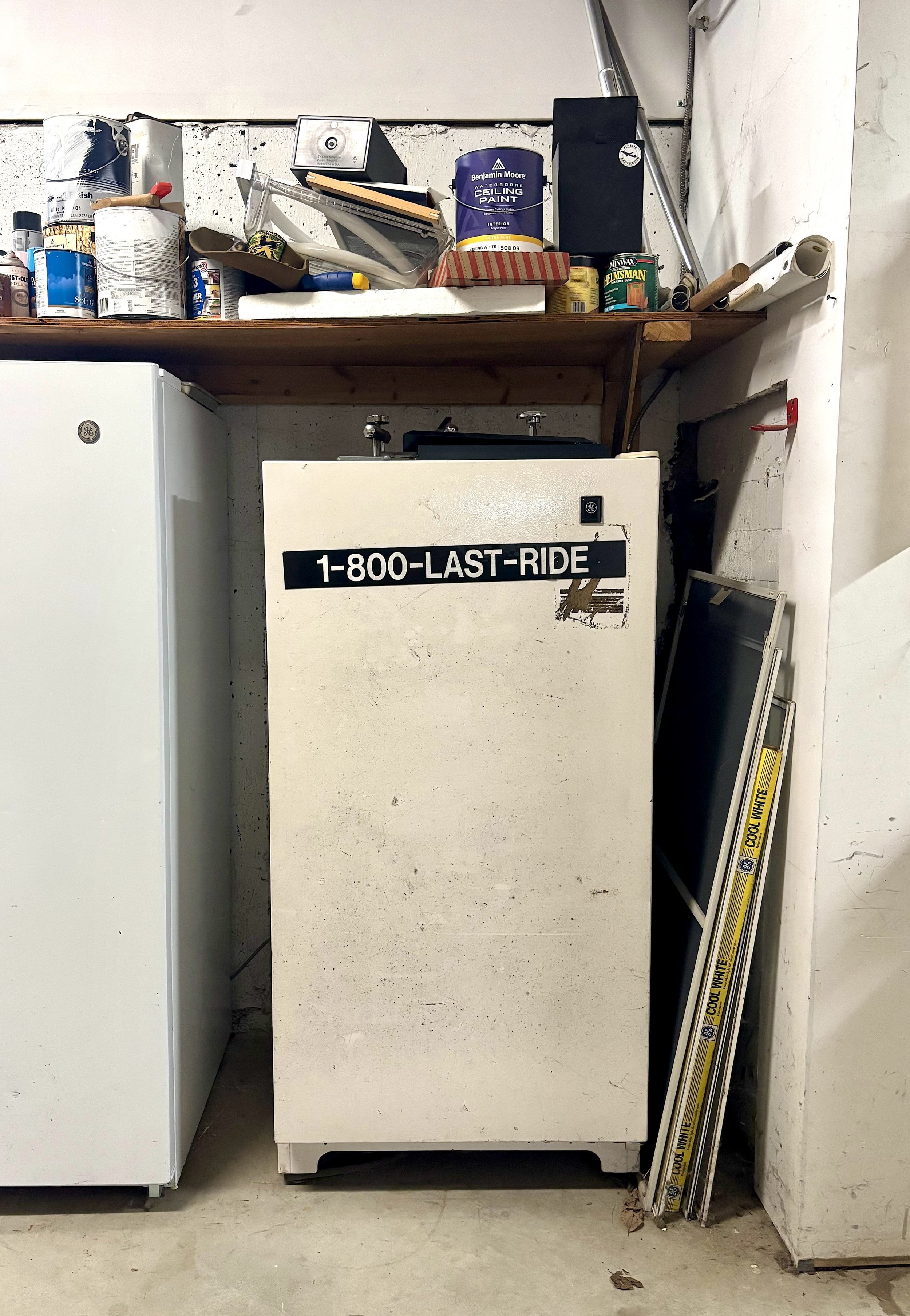 In the back rooms of the Cabot Funeral Home, there are numerous treasures, such as this sticker, given to Dwight as a joke.