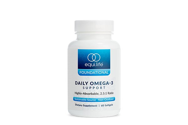 Bottle of equi.life foundational daily omega-3 supplement with 60 softgel capsules.