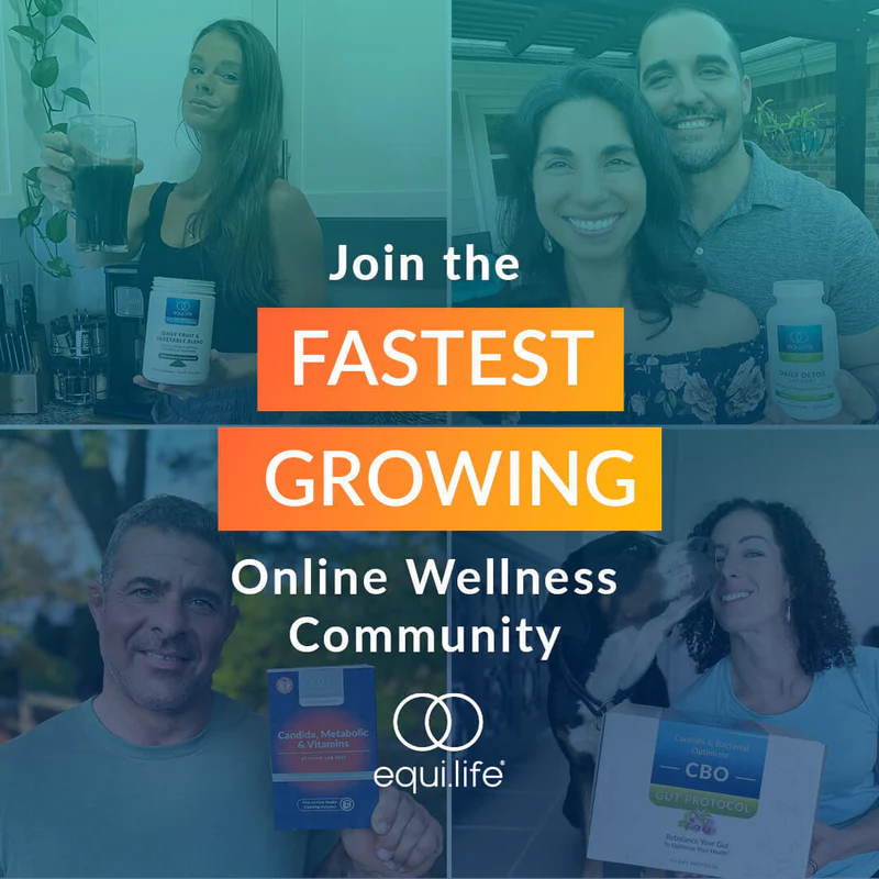 A promotional collage for Equi.life featuring four different people with health supplements, encouraging joining the fastest growing online wellness community.