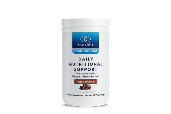 Container of Equi Life foundational daily nutritional support supplement with chocolate flavor.