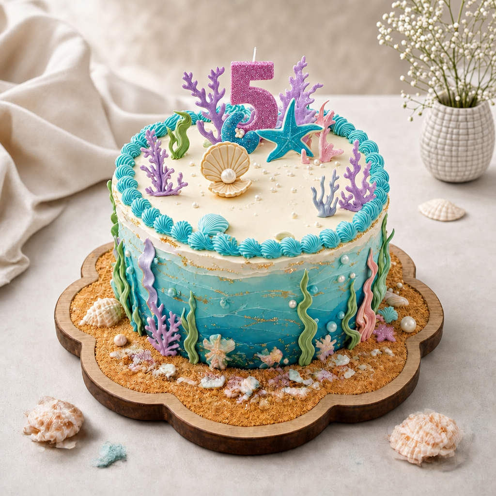 Moist vanilla cake with blueberry and strawberry cream, decorated with pastel ocean‑themed elements. 