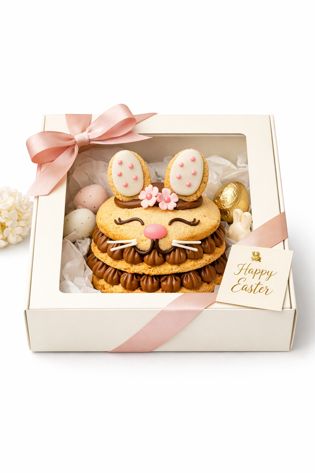 Bunny Alfajor Cake. Three golden layers and filled generously with artisan dulce de leche.
