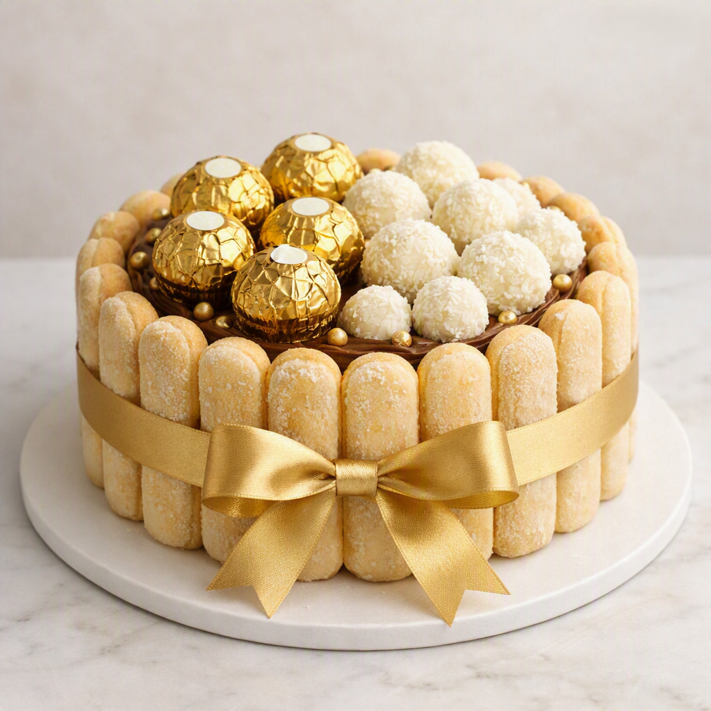 Soft vanilla sponge layered with dulce de leche filling and topped with white chocolate truffles, toasted almonds, and gold pearls.