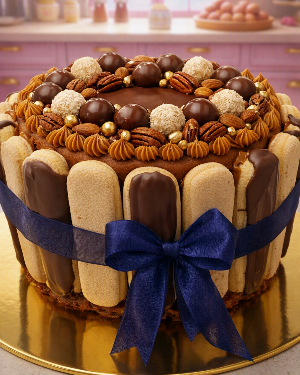 Soft vanilla sponge layered with dulce de leche filling and topped with chocolates.