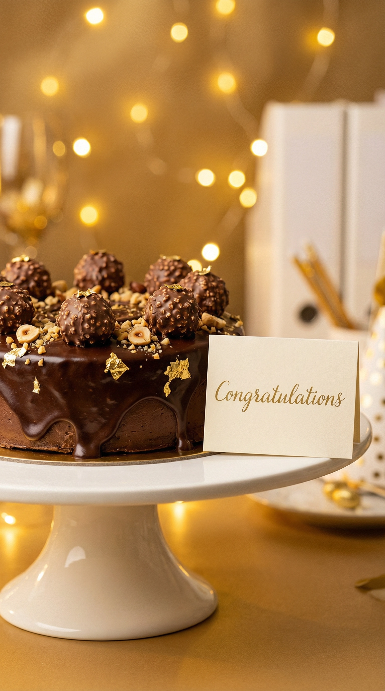 Elegant gourmet chocolate cake decorated with truffles, nuts, and gold details.