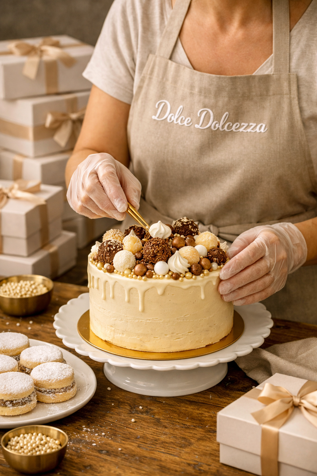 Artisan baker decorating a gourmet cake with truffles, meringues and pearls while wearing a Dolce Dolcezza apron, with alfajores and gift boxes in the background – Port St. Lucie artisan bakery.