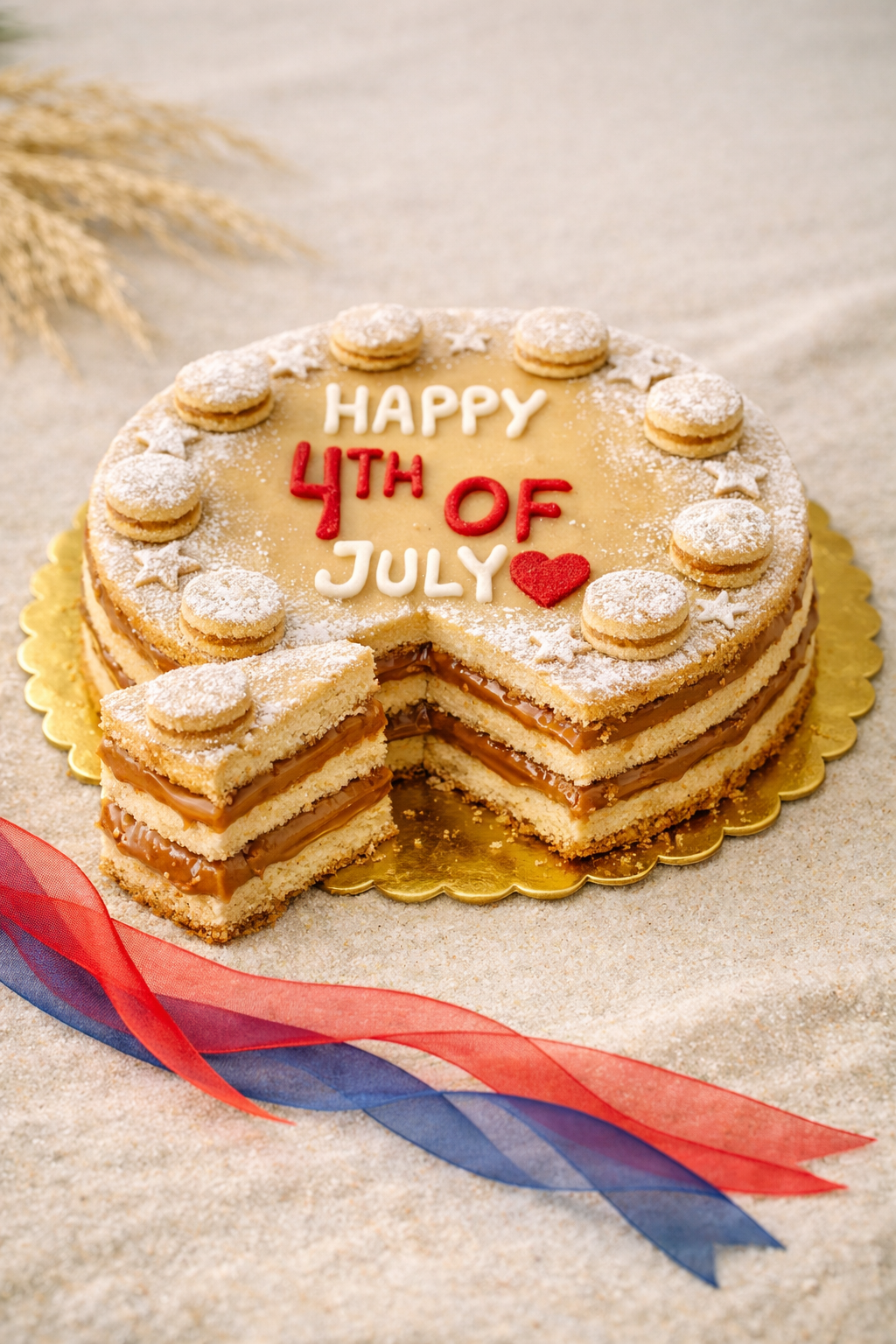Alfajor Cake is a classic alfajor transformed into a full‑size cake with layers of dulce de leche.