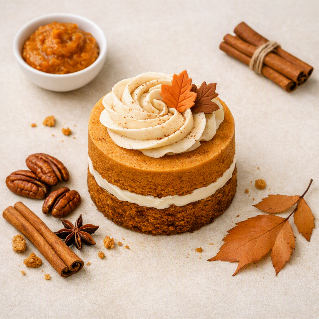 Pumpkin spice mini cake with autumn decorations by Dolce Dolcezza.
