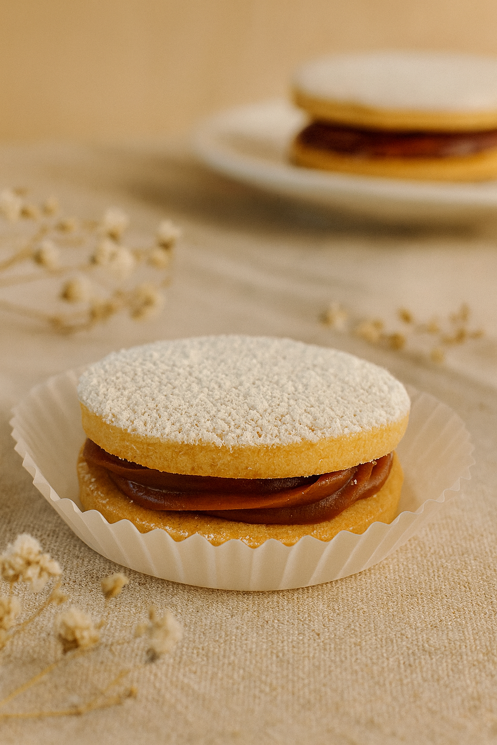Classic alfajores filled with dulce de leche and coated in powdered sugar — handcrafted by Dolce Dolcezza in Port St. Lucie, FL.
