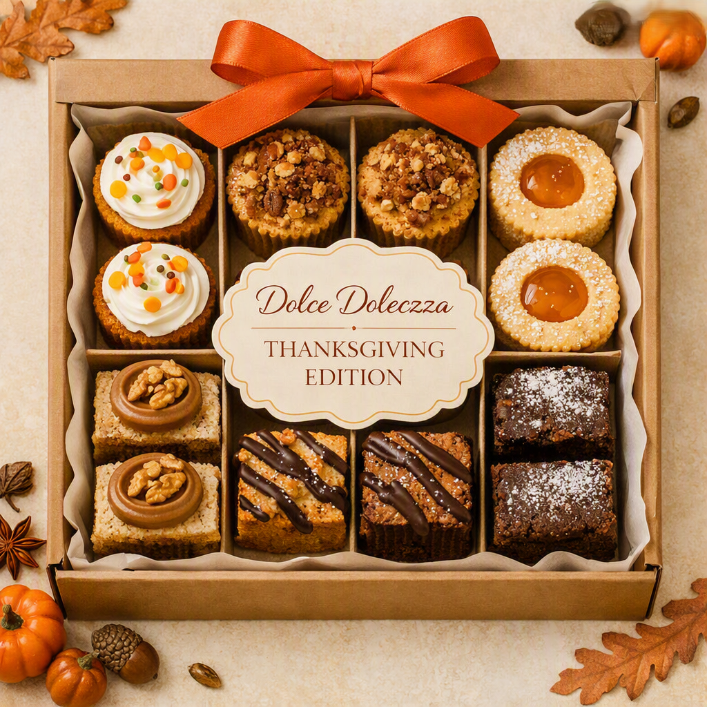 Artisan Thanksgiving dessert box with 12 assorted fall treats, including mini carrot cakes, pecan muffins, walnut dulce de leche bites, blondies, brownies, and linzer cookies