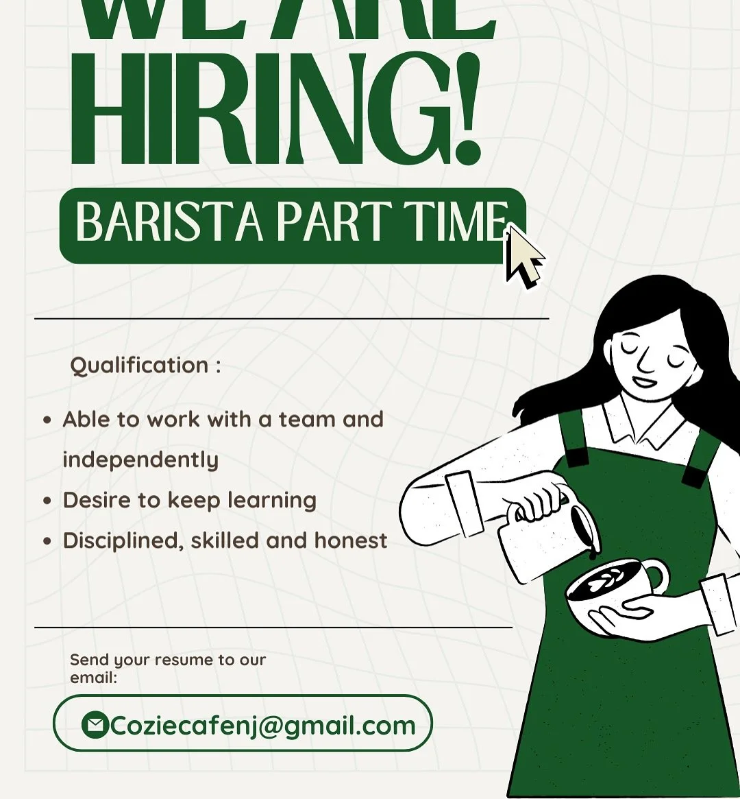 Join our team! We are hiring baristas! Experience is a plus but not necessary! Must be out of high school since we are looking for morning/day availability! We are so excited to grow our team! If you feel you are ready to work with us email us at Coz