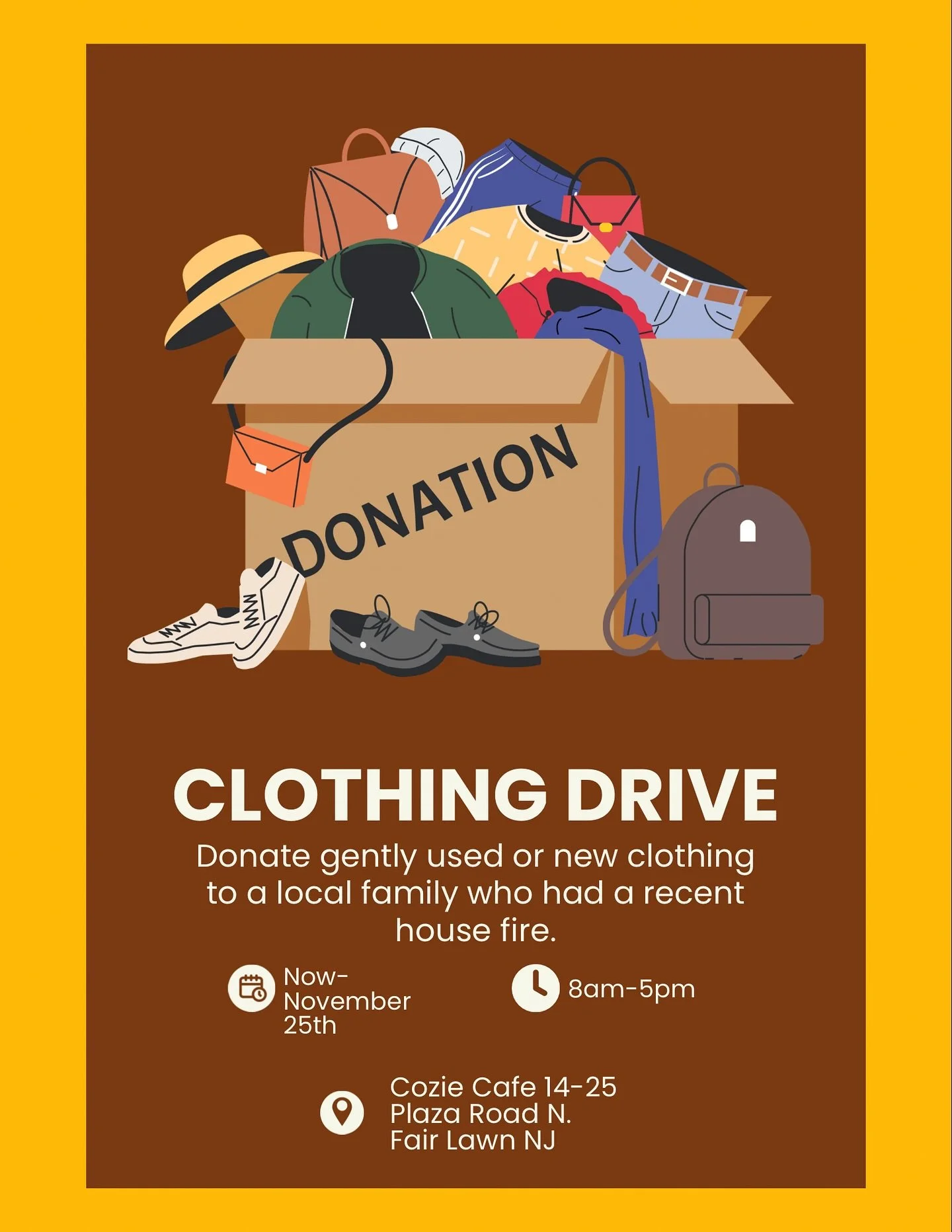 We&rsquo;re rallying support for a family who had a recent house fire. 🧯🔥 They have two boys, sizes 4T and 24 months, and we&rsquo;re collecting clothing donations&mdash;new or gently used&mdash;in kid-friendly sizes.

If you can help, please bring