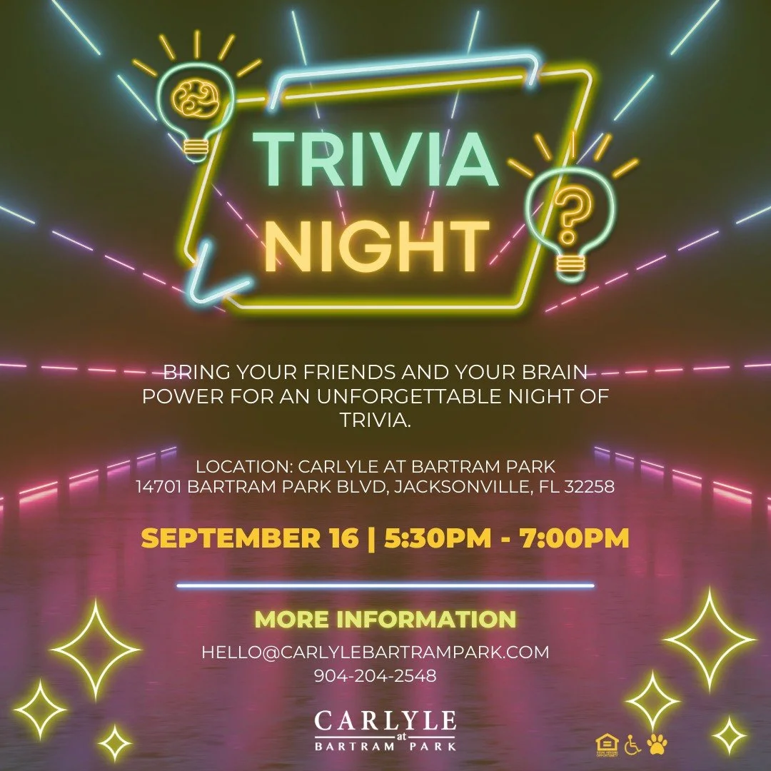 Got answers? Prove it at Trivia Night! Join us tonight from 5:30-7:00 pm for a fun night of trivia located in the Carlyle at Bartram Park Clubhouse! 

#trivianight #trivia #carlyleatbartrampark #carlyleatbartramparkapts #bartrampark #jacksonville #ja