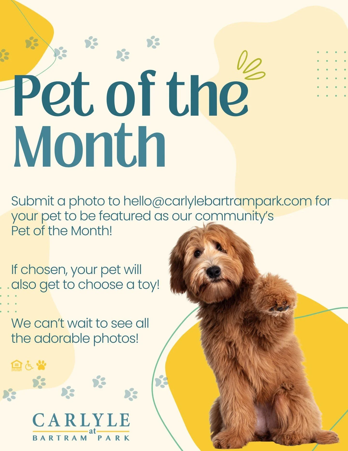 Calling all Carlyle at Bartram Park's pet paw-rents! 🐶 🐱🐩😸

Send your pet photo to hello@carlylebartampark.com for a chance to have them featured as Carlyle at Bartram Park's Pet of the Month. If chosen, your pet will also get to choose a toy! Be