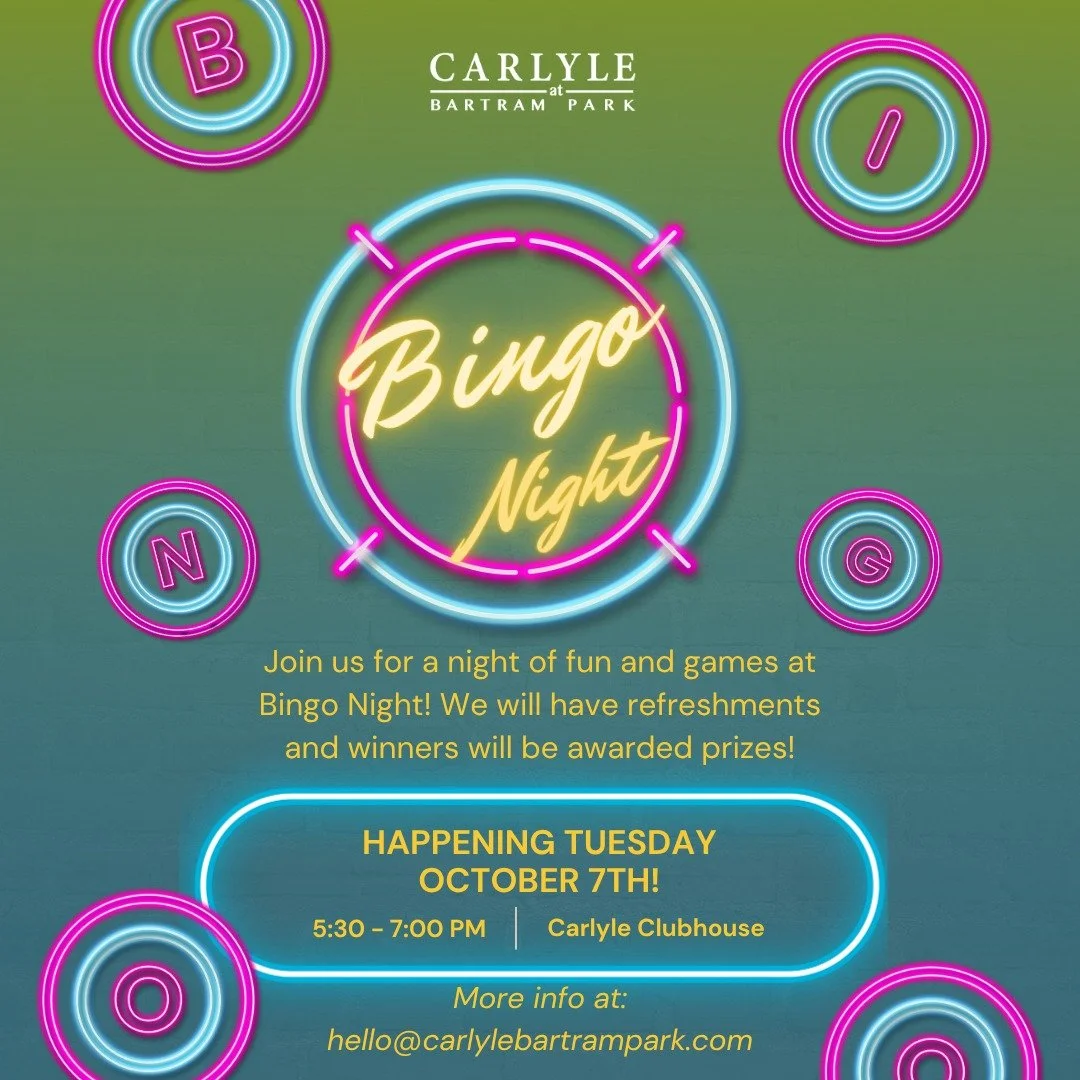 Get ready for a B-I-N-G-O filled event! We can't wait to see you all there on Tuesday, October 7th from 5:30-7:00pm at our Carlyle Clubhouse!

#carlylebartrampark #jacksonvilleflorida #jaxfl #florida #jaxflorida #jacksonvillefl #jacksonville #bingo #