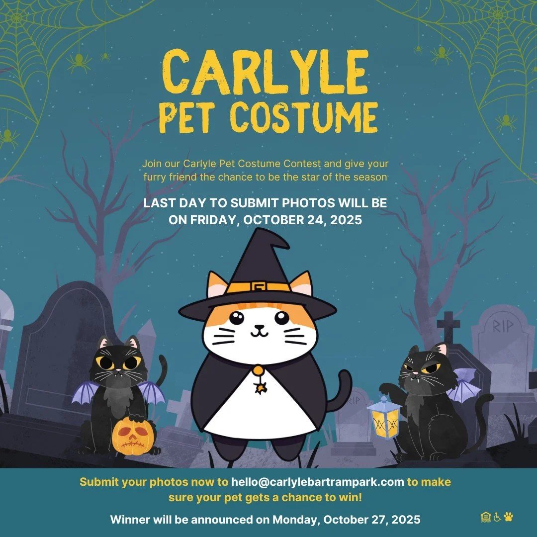 Attention Carlyle residents who have furry friends! Join us for our Carlyle Pet Costume Event! Happening all month long until Friday, October 24th! Winner will be announced on Monday, October 27th! Make sure to submit the cute photos to hello@carlyle