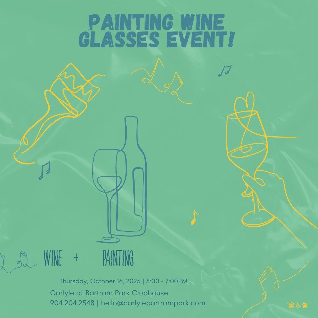 Let's have some fun at our upcoming painting wine glasses event! We love to see the creativity our residents bring! See you all there on Thursday, October 16th from 5:00-7:00pm at our Carlyle Clubhouse!

#carlylebartrampark #jacksonvilleflorida #jaxf