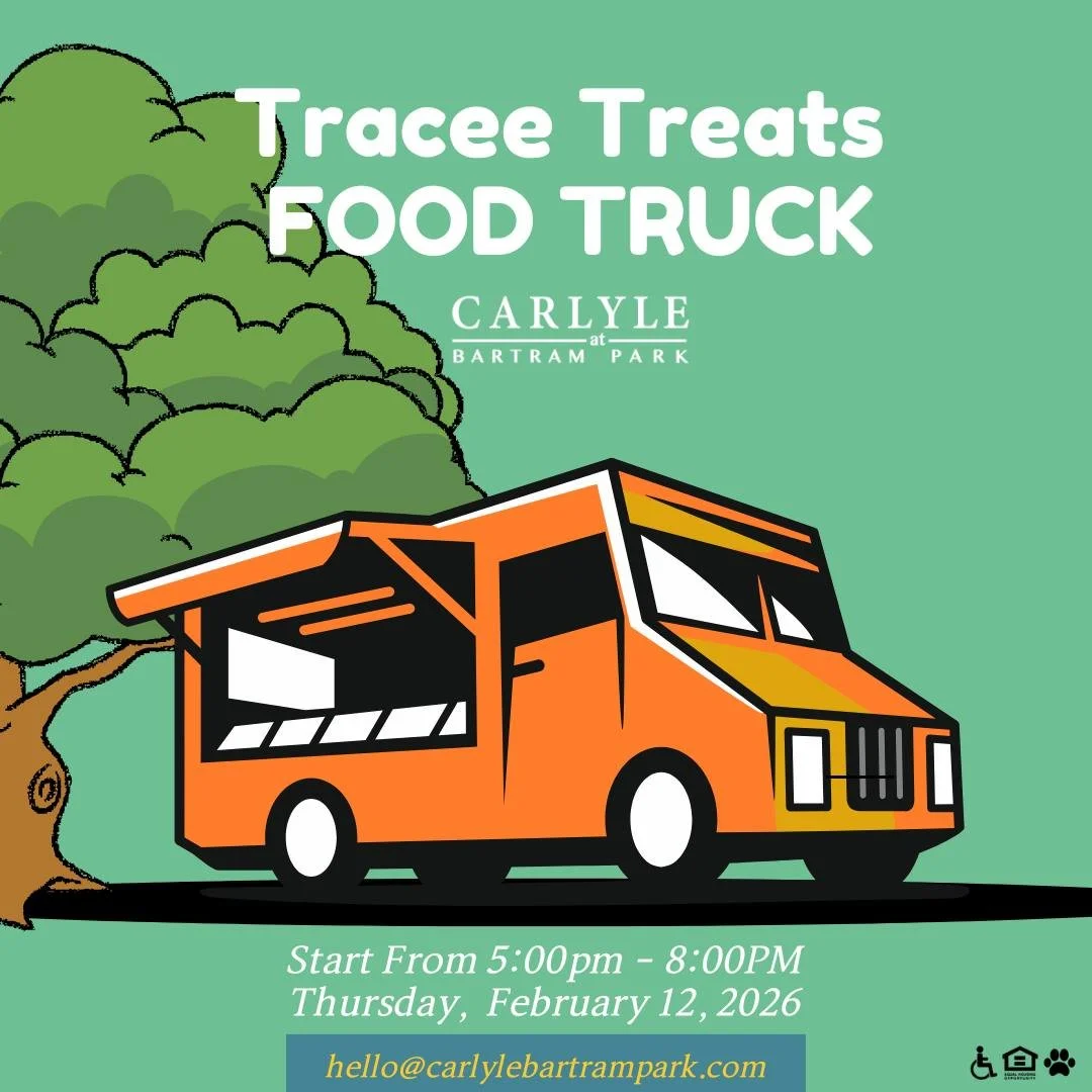 Hey residents! Tracee Treats Food Truck is rolling into Carlyle at Bartram Park on Thursday, February 12th from 5:00pm - 8:00pm. Bring your appetite and enjoy some delicious bites right here in our community! See you there! 

#JacksonvilleEats #FoodT