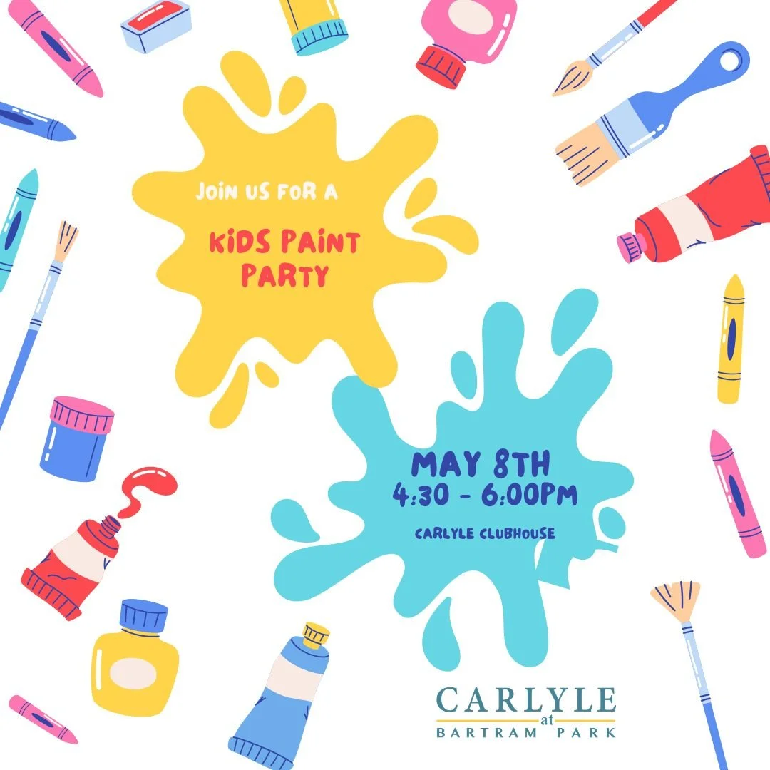 🎨 Calling all young artists! Join us for a Kids Paint Party tomorrow, May 8th from 4:30&ndash;6:00pm at the Carlyle Clubhouse. Let your creativity shine and make some colorful memories! 🌈✨

#CarlyleAtBartramPark #JacksonvilleFL #BartramPark #Commun