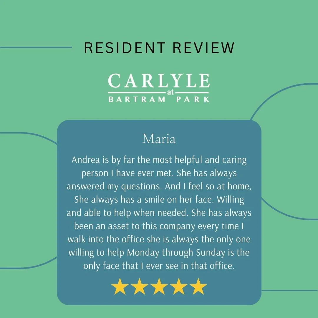 Thank you for the wonderful review! Hearing your positive feedback means so much to our team and motivates us to continue providing the best experience possible. 💙

#ResidentReview #CommunityMatters #CarlyleAtBartramPark #JacksonvilleFL #ApartmentLi
