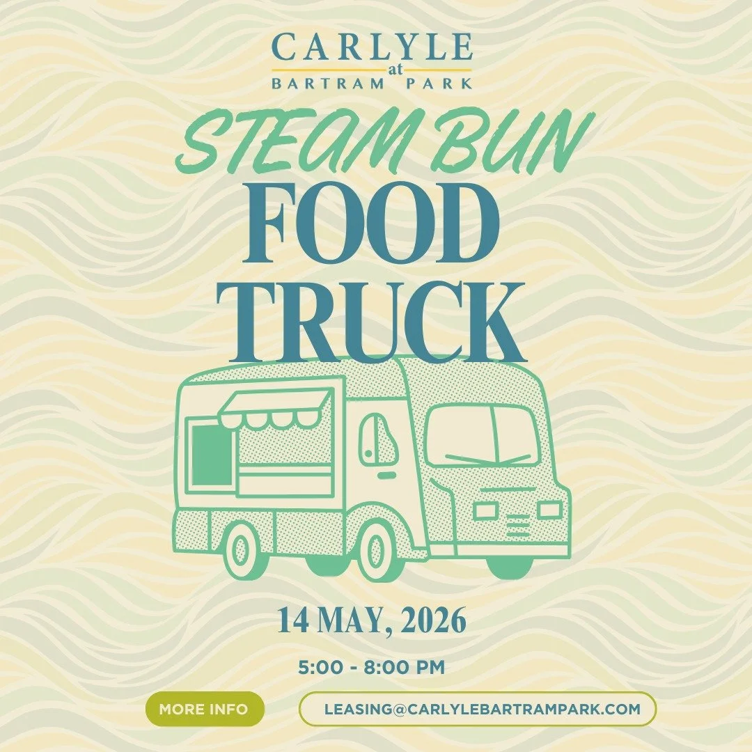 Join us tomorrow, May 14th for a Steam Bun Food Truck event! Happening from 5:00 - 8:00pm. See you all there! 🥰

#CarlyleAtBartramPark #JacksonvilleFL #BartramPark #CommunityEvents #FoodTruck #JacksonvilleEats #ResidentLife #ApartmentLiving #LocalFl