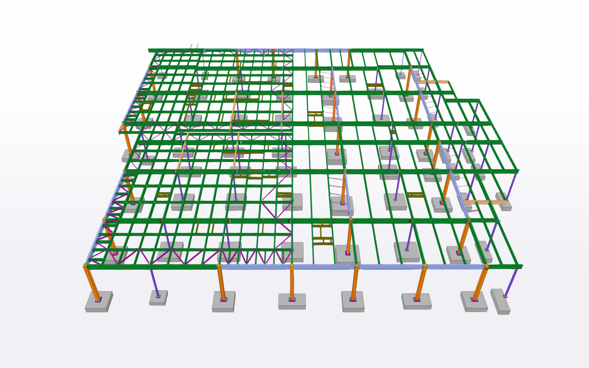 3D structural steel framework model with green beams, orange and purple columns, and concrete pad footings.